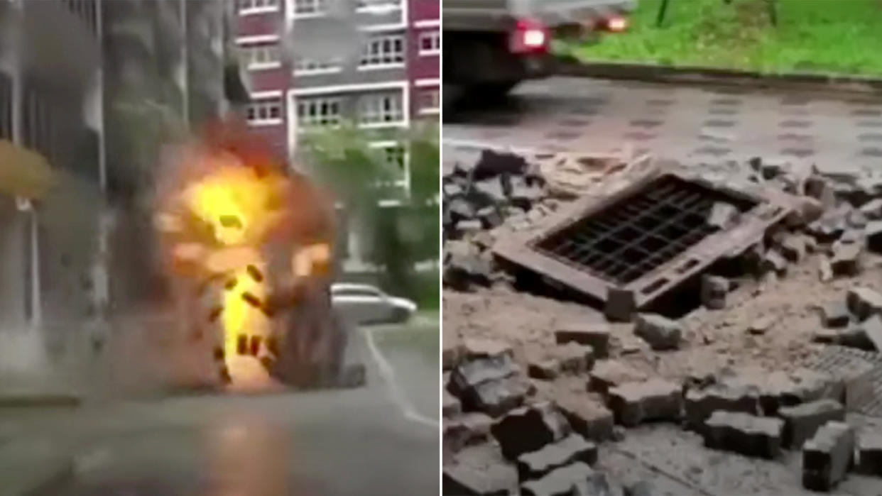 Manhole explosion near a multi-storey carpark along Bukit Batok West Avenue 8. (PHOTO: Screengrabs from videos and images on social media)