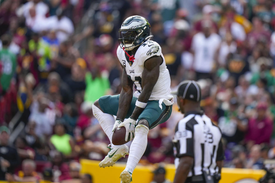 Philadelphia Eagles wide receiver A.J. Brown (11) celebrates his touchdown against the Washington Commanders during the second half of an NFL football game, Sunday, Oct. 29, 2023, in Landover, Md. (AP Photo/Alex Brandon)