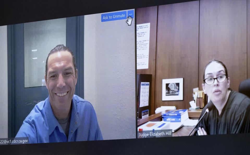 Scott Peterson unmutes his connection to address to Judge Elizabeth Hill during a status conference at San Mateo County Superior Court in Redwood City, Calif., Tuesday, March 12, 2024. (Andy Alfaro/The Modesto Bee via AP, Pool)