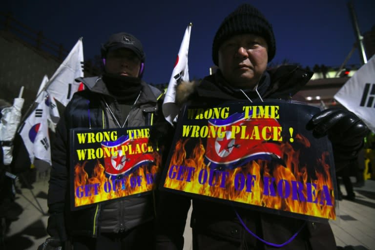 Anti-North Korea protesters rally against North Korea's musical concert near the Gangneung Art Centre