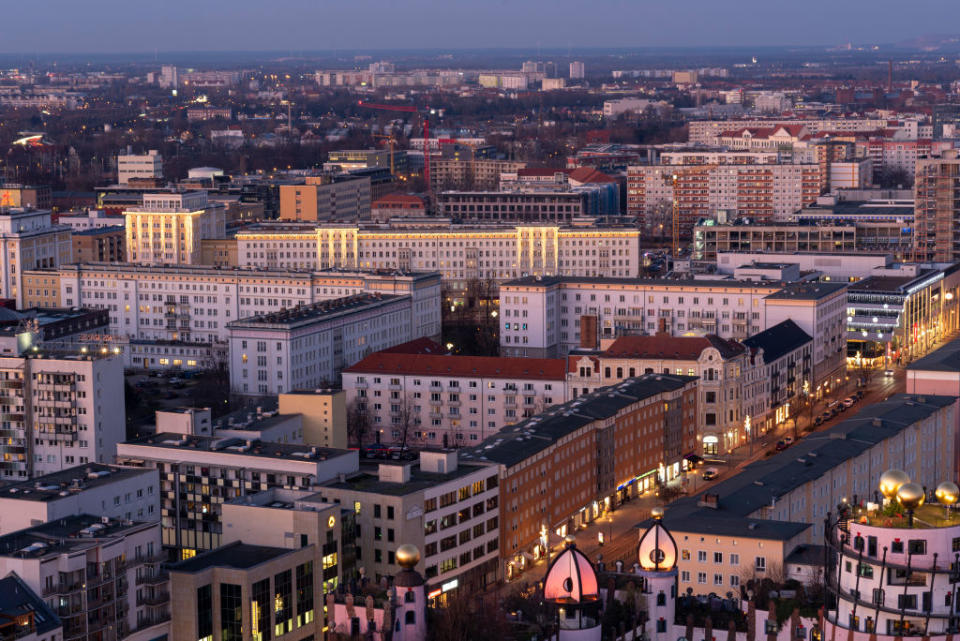 16 January 2020, Saxony-Anhalt, Magdeburg: View from the cathedral to the "Stalinbauten" in the city centre of Magdeburg. Buildings in the style of socialist classicism can also be found in Chemnitz, Leipzig, Dresden, Berlin and EisenhÃ¼ttenstadt, among others. Photo: Stephan Schulz/dpa-Zentralbild/ZB (Photo by Stephan Schulz/picture alliance via Getty Images)