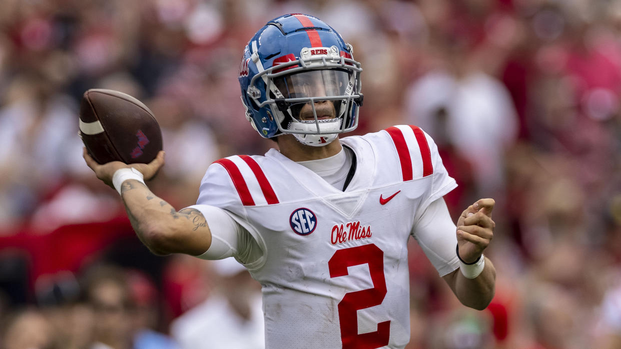 Mississippi quarterback Matt Corral (2) during the second half of an NCAA college football game, Saturday, Oct. 2, 2021, in Tuscaloosa, Ala. (AP Photo/Vasha Hunt)