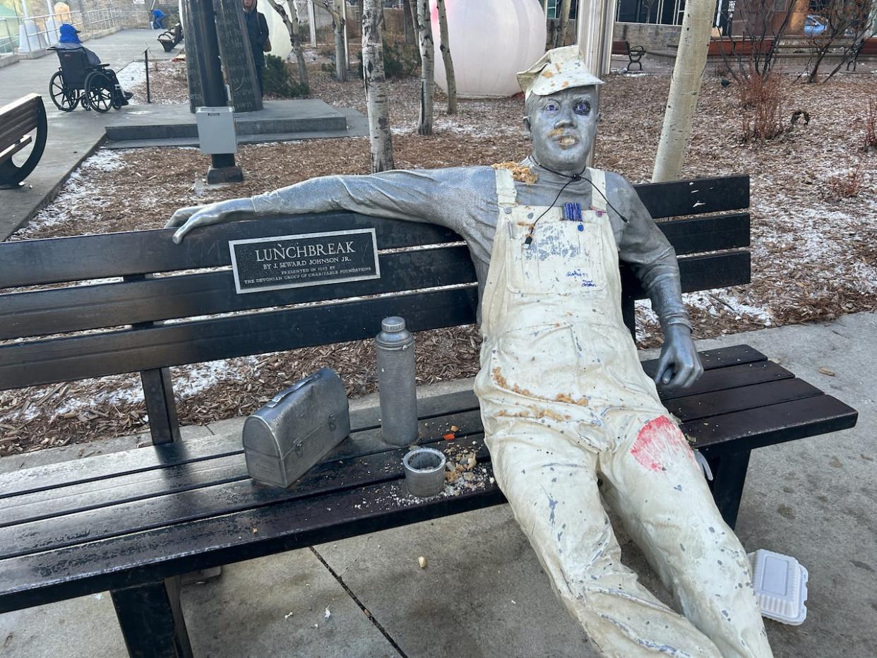 Lunchbreak, an installation from the Edmonton Arts Council, is arguably one of the dirtiest public art pieces in the city. In the first episode of This Is Edmonton, host Clare Bonnyman explores how we care for and relate to our public spaces. (Clare Bonnyman/CBC - image credit)