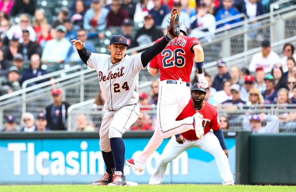 Detroit Tigers first baseman Miguel Cabrera makes a play at first base in the ninth inning against the Minnesota Twins at Target Field, May 11, 2019 in Minneapolis.