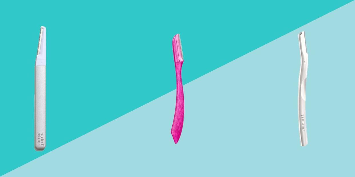 three dermaplaning tools on a blue background
