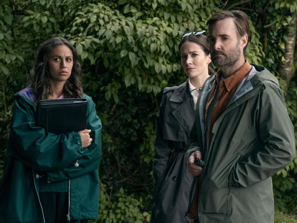 left to right: Robyn Cara as Emmy Sizergh, Siobhán Cullen as Dove, Will Forte as Gilbert Power in episode 2 of "Bodkin"