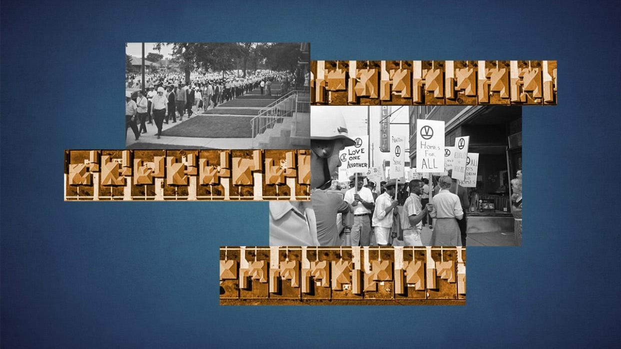 Civil rights demonstrators, far outnumbered by Chicago policemen, march through southeast side residential neighborhood in their push for open housing in Chicago on Aug. 24, 1966. Marchers parade in front of a real estate office on Chicago’s South Side on Aug. 5, 1966.