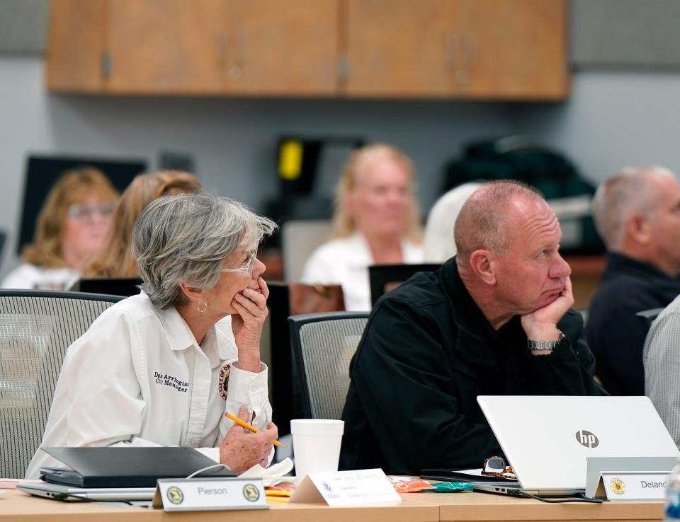Officials watch during a Federal Emergency Management Agency Integrated Emergency Management Course at the Volusia County Emergency Operations Center on Wednesday, April 17, 2024.