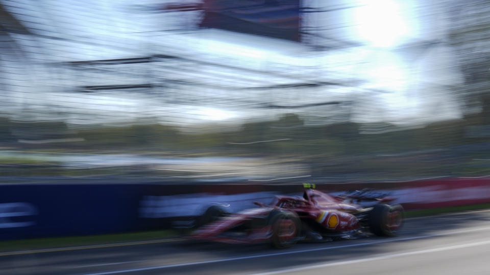 Ferrari driver Carlos Sainz of Spain steers his car during the second practice session of the Australian Formula One Grand Prix at Albert Park, in Melbourne, Australia, Friday, March 22, 2024. (AP Photo/Asanka Brendon Ratnayake)