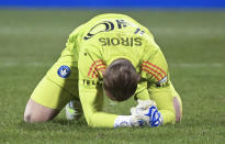 CF Montreal goalkeeper Jonathan Sirois reacts after being scored against late in the second half by Orlando City's Ivan Angulo during an MLS soccer match in Montreal, Saturday, April 20, 2024. (Graham Hughes/The Canadian Press via AP)