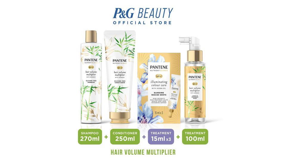 [Bundle of 4] Pantene Nutrient Blends Hair Volume Multiplier Shampoo 270ml + Conditioner 250ml + Hair Volume Multiplier Treatment 100ml + Illuminating Colour Care. (Photo: Lazada SG)