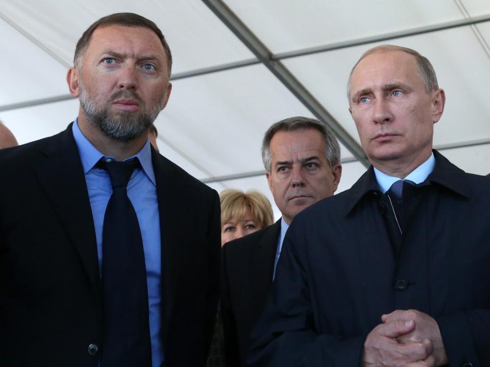 Russian President Vladimir Putin (R) and billionare, businessman Oleg Deripaska (L) are seen visiting the RusVinyl Russian-Belgian joint polymer plant, near Nizhny Novgorod, 430 km. East of Moscow. Putin is having a one-day trip to Nizhny Novgorod region