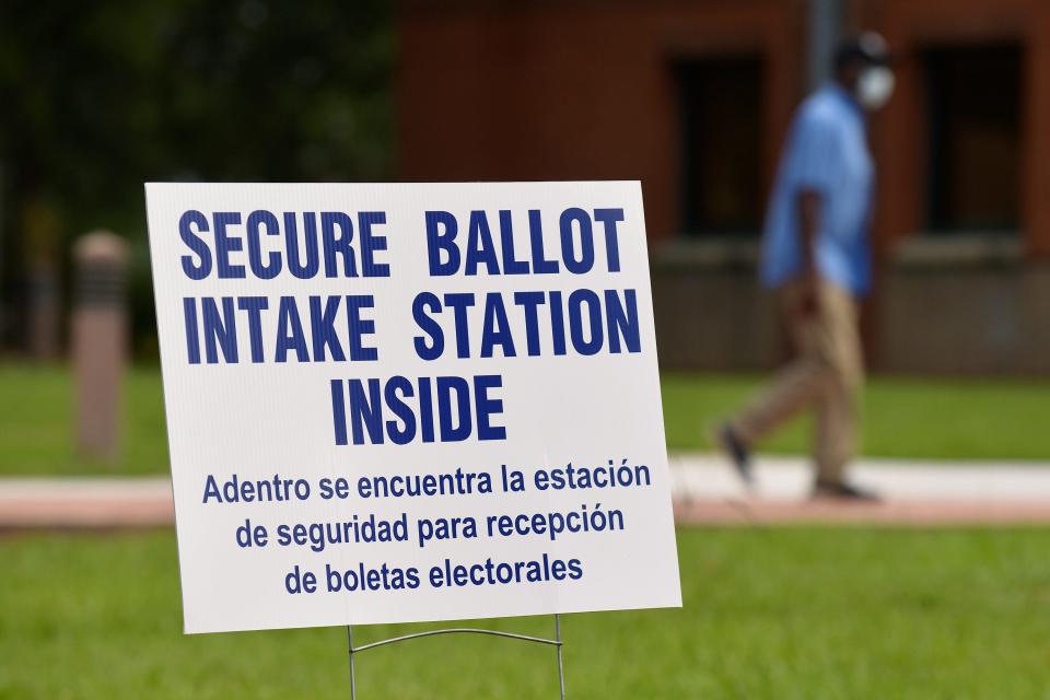 Signage in front of the entrance to the Legends Community Center's voting location Monday morning. The Legends Community Center on Soutel Drive on Jacksonville's Northside was open for early voting Monday morning, August 8, 2022.