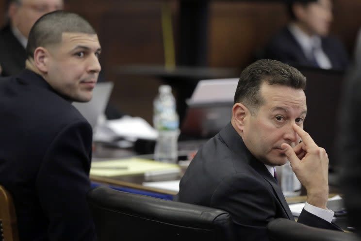 Jose Baez (right) and Aaron Hernandez in court on April 3, 2017. (AP)