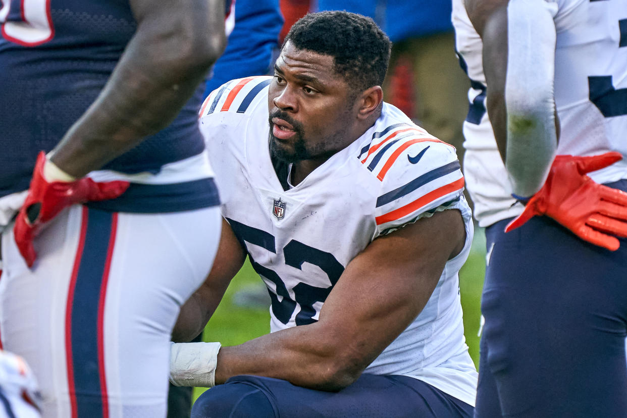 CHICAGO, IL - DECEMBER 13: Chicago Bears outside linebacker Khalil Mack (52) looks on in action during a game between the Chicago Bears and the Houston Texans on December 13, 2020, at Soldier Field in Chicago, IL. (Photo by Robin Alam/Icon Sportswire via Getty Images)