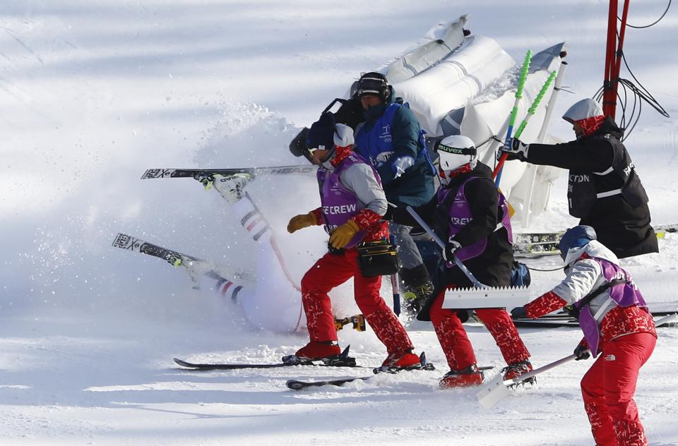 Matthias Mayer crashes during the alpine combined downhill on Tuesday (Reuters photo)