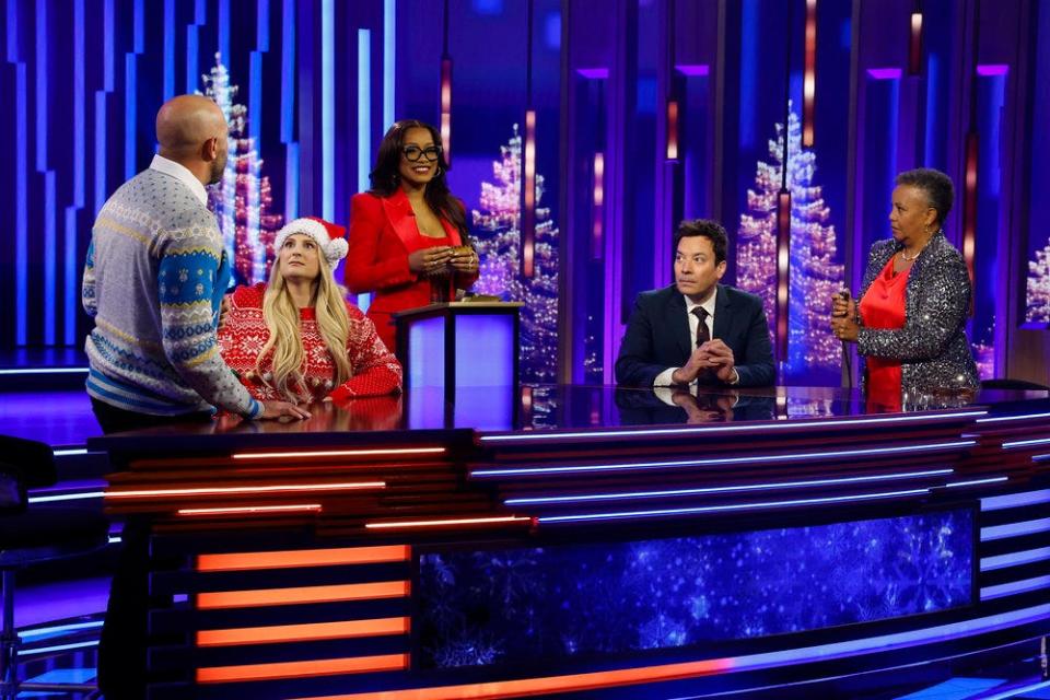 Detroit native Donnie Smith (far right) competes on the holiday episode of NBC's "Password" airing Dec. 18, 2023. Meghan Trainor and Jimmy Fallon are the celebrity guests and Keke Palmer hosts.