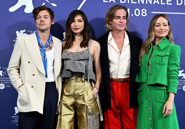 British singer and actor Harry Styles (L), British actress Gemma Chan (2ndL), US actor Chris Pine (2ndR) and US director and actress Olivia Wilde pose during a photocall for the film "Don't Worry darling" presented out of competition as part of the 79th Venice International Film Festival at Lido di Venezia in Venice, on September 5, 2022. (Photo by Tiziana FABI / AFP)