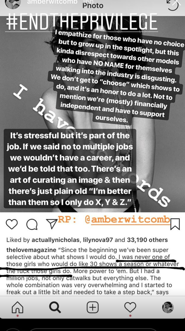 Peyton Knight responds to Kendall Jenner's Love magazine statement on her Instagram stories, August 2018.