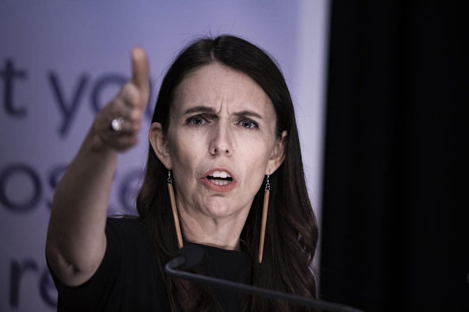New Zealand Prime Minister Jacinda Ardern points angrily at a post cabinet press conference in the Beehive theatrette at Parliament in Wellington in New Zealand, Monday, February 21, 2022.