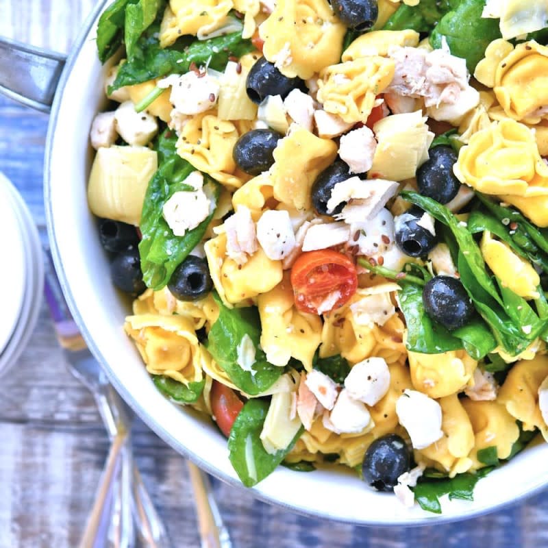 <p>24 Bite</p><p>Savory, stuffed tortellini make for the best salad croutons. </p><p><strong>Get the recipe: <a href="https://24bite.com/cold-tortellini-salad-with-chicken" rel="nofollow noopener" target="_blank" data-ylk="slk:Cold Tortellini Salad With Chicken;elm:context_link;itc:0;sec:content-canvas" class="link rapid-noclick-resp">Cold Tortellini Salad With Chicken</a></strong></p>