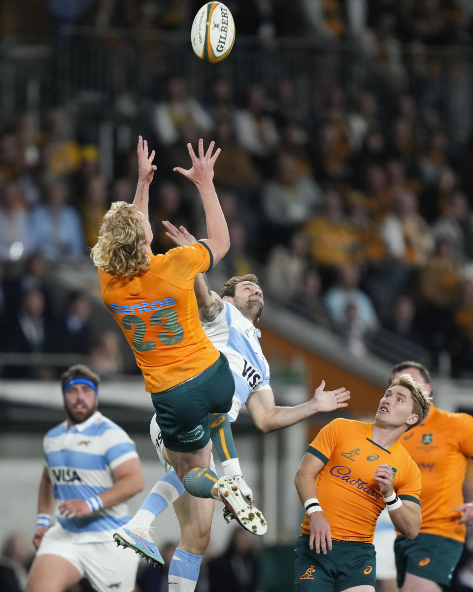 Australia's Carter Gordon and Argentina's Nicolas Sanchez, right, compete for the ball during the Rugby Championship test match between Australia and Argentina in Sydney, Australia, Saturday, July 15, 2023. (AP Photo/Rick Rycroft)