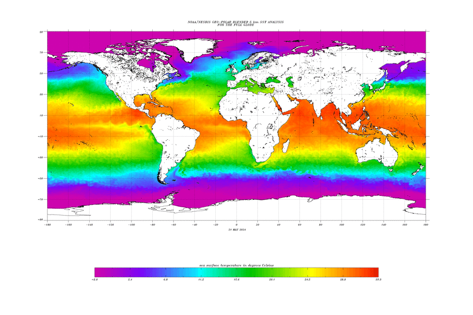 Sea surface temperatures around the world.