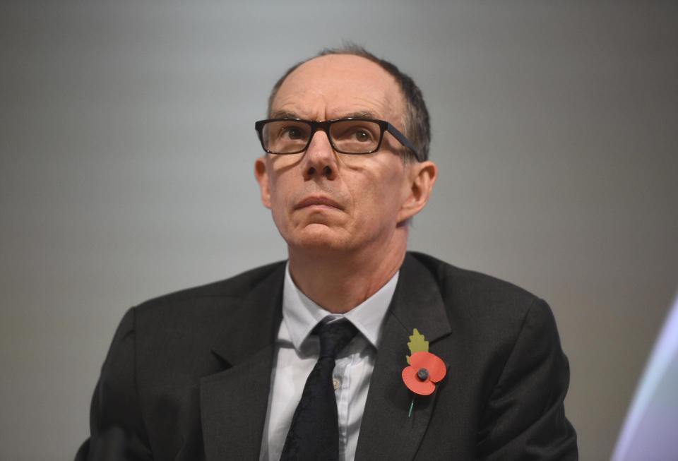 Bank of England Deputy Governor for Markets and Banking, Dave Ramsden attends the Bank of England's inflation report press conference in the City of London, Thursday Nov. 1, 2018. (Kirsty O'Connor/Pool via AP)