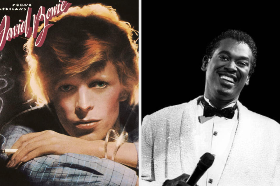 Left: David Bowie in a promotional still for his 1975 album, "Young Americans" right:  Luther Vandross smiles on stage at the Rosemont Horizon in 1987