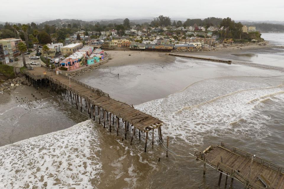 Mandatory Credit: Photo by Casey Flanigan/imageSPACE/Shutterstock (13701237ax) Aerial view of the Capitola Pier in Capitola, CA after the most recent storm on January 5, 2023. Storm surge damage is seen along this stretch of California's Central-Northern Coast. Excessive rain and a significant storm surge which caused considerable damage to the local area including many beachfront attractions. Storm Surge Damage Along California Coast - 06 Jan 2023