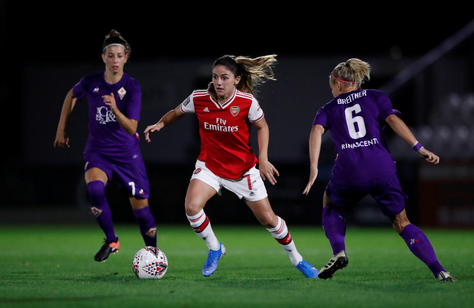 Danielle van de Donk in action with Fiorentina's Greta Adami    in the Women's Champions League  Action Images via Reuters/Paul Childs
