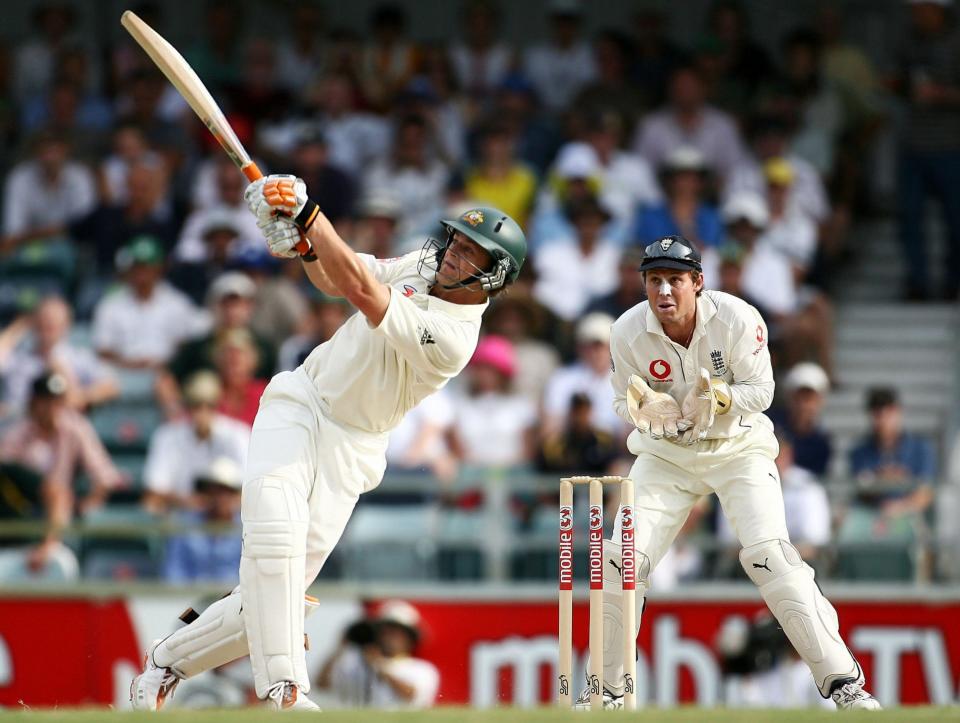 Adam Gilchrist of Australia drives during day three of the third Ashes Test Match between Australia and England at the WACA - Paul Kane/Getty Images