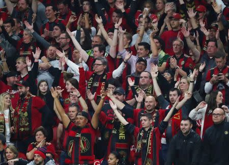 Dec 8, 2018; Atlanta, GA, USA; Atlanta United FC fans cheer against the Portland Timbers in the first half in the 2018 MLS Cup championship game at Mercedes-Benz Stadium. Mark J. Rebilas-USA TODAY Sports