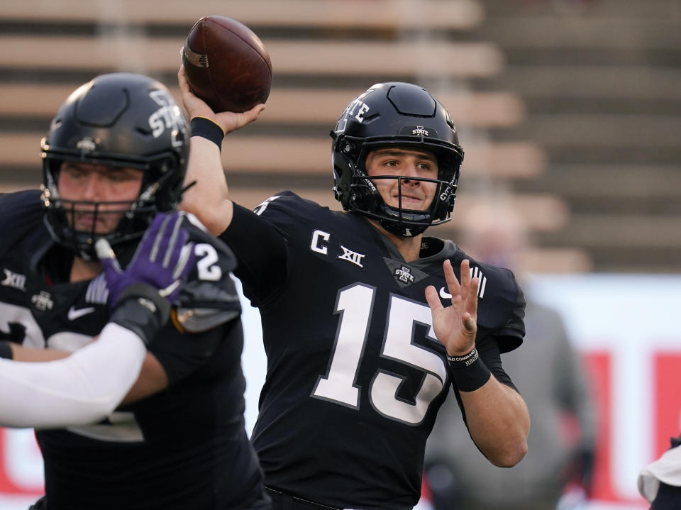 FILE - In this Nov. 21, 2020, file photo, Iowa State quarterback Brock Purdy (15) throws a pass during the first half of an NCAA college football game against Kansas State in Ames, Iowa. No. 15 Iowa State would reach the Big 12 championship game for the first time if can win at No. 20 Texas on Friday, Nov. 27, 2020. (AP Photo/Charlie Neibergall)