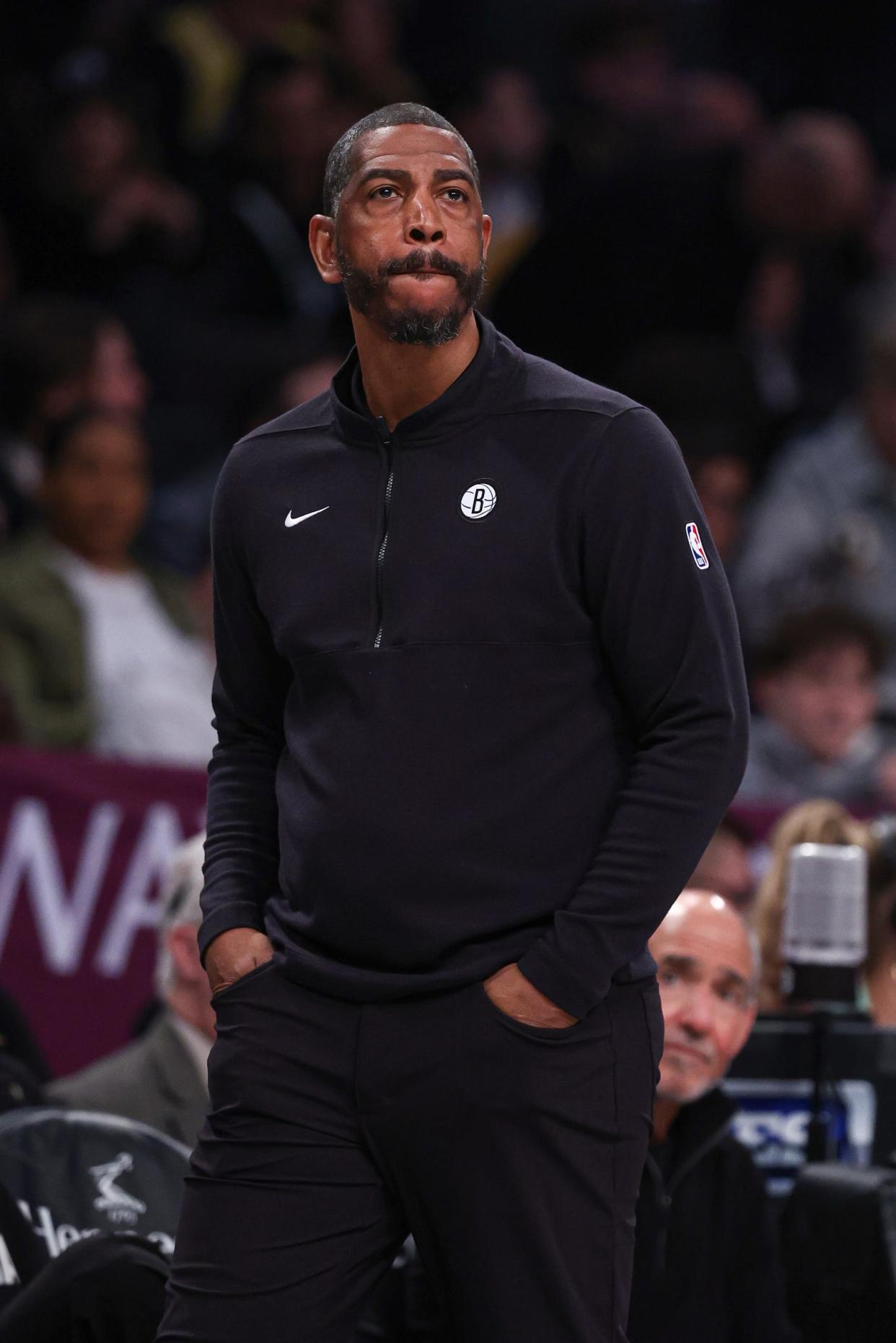 Nets interim coach Kevin Ollie looks on during the first half against the Lakers on March 31, 2024, in Brooklyn, New York.