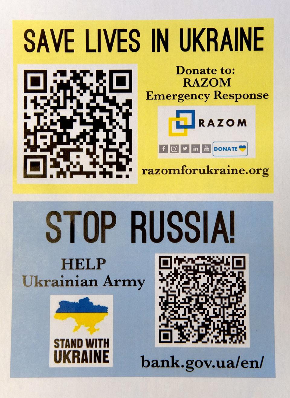 One of two flyers that has a code to scan with a smartphone that University of Missouri student Irynka Hromotska is distributing to collect donations for Ukraine.