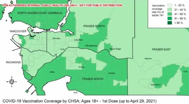 Leaked data from the B.C. Centre for Disease Control showed vaccination rates in northwest Surrey were less than many other areas of the Fraser Valley, despite the area having much higher case counts and positivity rates. 