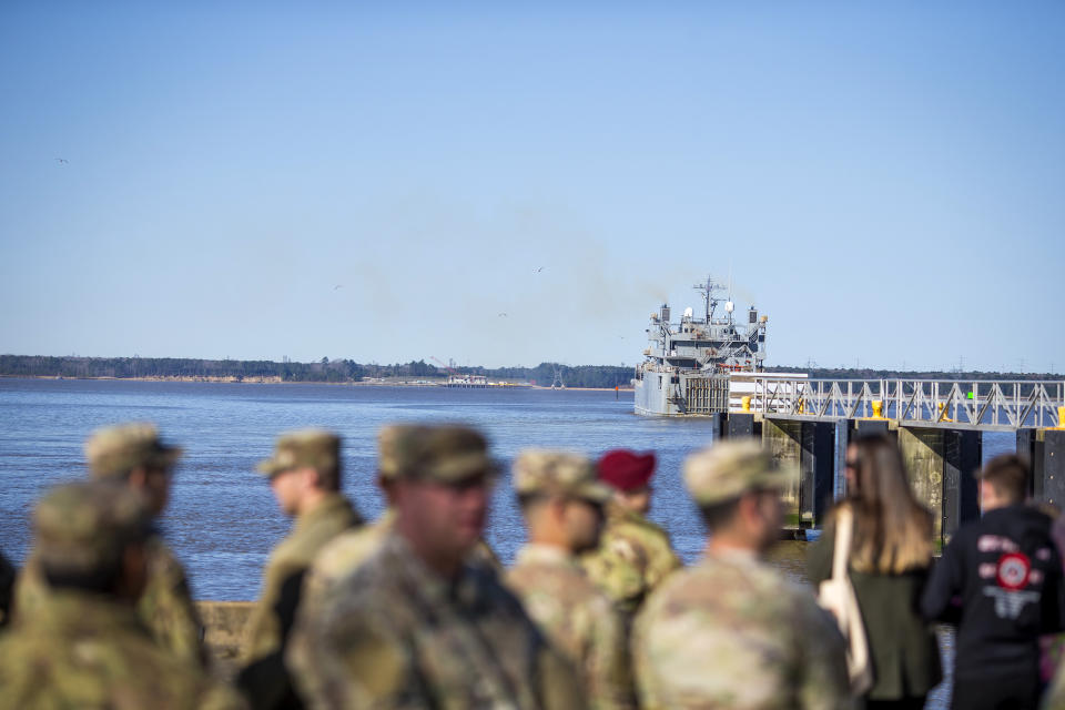 LSV SP/4 James A. Loux heads down the James River for a deployment to the Gaza Strip on Tuesday, March 12, 2024, at Joint Base Langley-Eustis in Hampton, Va. The watercraft will build and operate a floating pier in support of a humanitarian mission to Gaza. (AP Photo/John C. Clark)