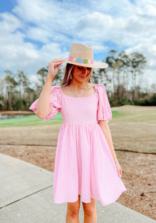 Rosemary Gingham Puff Sleeve Dress in pink from The Swank Company.