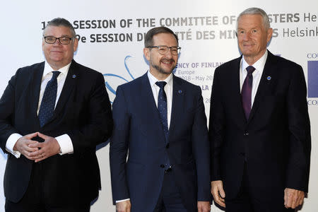 Finland's Minister of Foreign Affairs Timo Soini, OSCE Secretary General Thomas Greminger and Secretary General of the Council of Europe Thorbjorn Jagland attend The Ministers for Foreign Affairs of the Council of Europe's annual meeting in Helsinki, Finland May 17, 2019. Lehtikuva/Vesa Moilanen via REUTERS