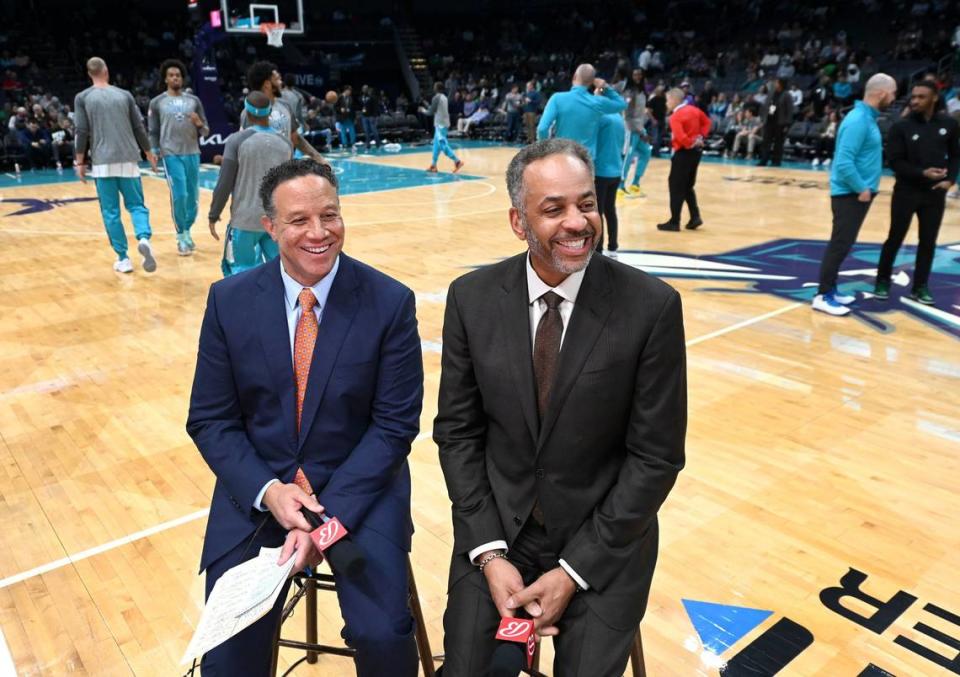 Charlotte Hornets play-by-play sports announcer Eric Collins (left) and color commentator Dell Curry return in 2023-24 to call Charlotte’s games on TV.