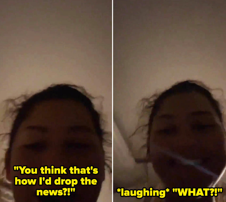 Zendaya in a dark room laughing and saying, "You think that's how I'd drop the news?"