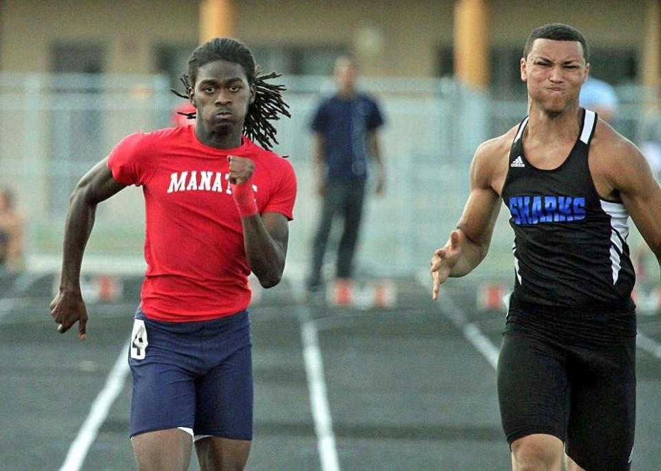 Manatee's Brandon Carnes runs in the final of the 100-meter dash at the Class 4A-District 7 meet April 17, 2013 at Spoto High in Riverview.