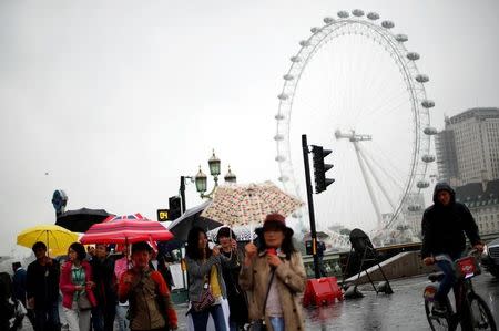 Tourists carrying umbrellas shelter from the rain in front of the London Eye wheel in London, Britain, August 9, 2017. REUTERS/Hannah McKay