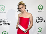 Kristen Stewart poses with the performer tribute award in the winners room at the Gotham Awards at Cipriani Wall Street on Monday, Nov. 29, 2021, in New York. (Photo by Evan Agostini/Invision/AP)