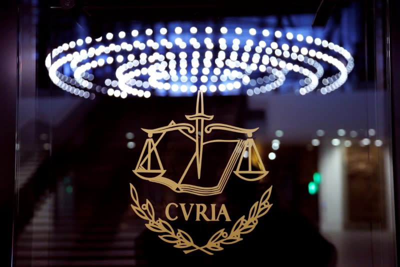 FILE PHOTO: The logo of the European Court of Justice is pictured outside the main courtroom in Luxembourg