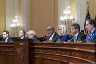 The House select committee tasked with investigating the Jan. 6 attack on the Capitol meets to hold Steve Bannon, one of former President Donald Trump's allies in contempt, on Capitol Hill in Washington, Tuesday evening, Oct. 19, 2021. From left to right are Rep. Pete Aguilar, D-Calif., Rep. Adam Schiff, D-Calif., Rep. Zoe Lofgren, D-Calif., Chairman Bennie Thompson, D-Miss., Vice Chair Liz Cheney, R-Wyo., Rep. Adam Kinzinger, R-Ill., and Rep. Jamie Raskin, D-Md. (AP Photo/J. Scott Applewhite)