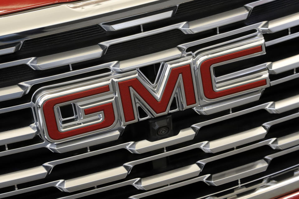 This is the GMC logo on the front grill of a 2019 Terrain AWD Denali automobile on display at the 2019 Pittsburgh International Auto Show in Pittsburgh Thursday, Feb. 14, 2019. (AP Photo/Gene J. Puskar)