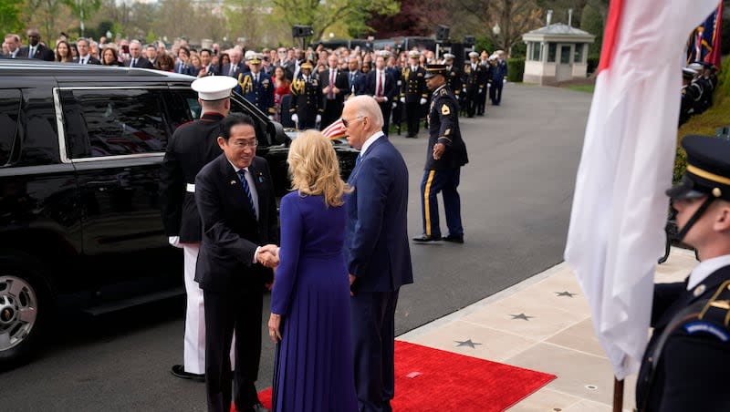 President Joe Biden and first lady Jill Biden welcome Japanese Prime Minister Fumio Kishida during a State Arrival Ceremony on the South Lawn of the White House, Wednesday, April 10, 2024, in Washington.