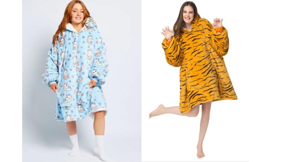 Left: A girl stands modelling a light blue Oodie. Right: A girl stands modelling a tiger print dupe Oodie on a white background